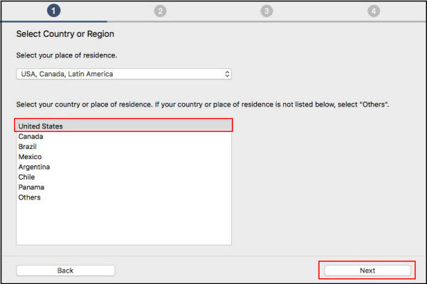 Select Country or Region: United States outlined in red. Click Next (outlined in red) to proceed